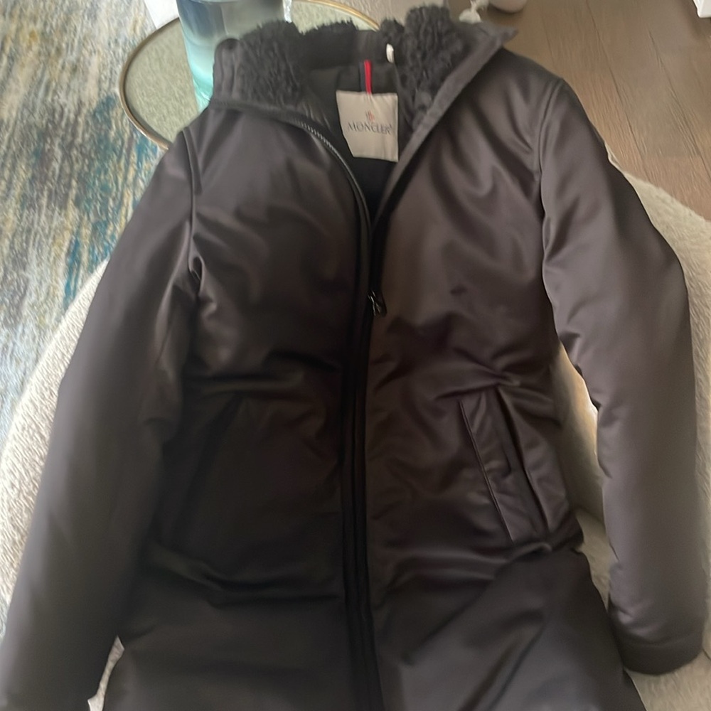 BLACK FRIDAY SALE !Moncler long black jacket whood. Great condition kid size 12!
